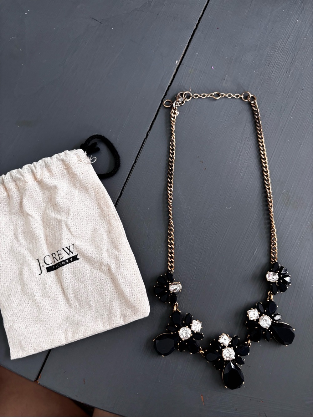 J. Crew dark navy and Gold Floral Crystal Bib Necklace